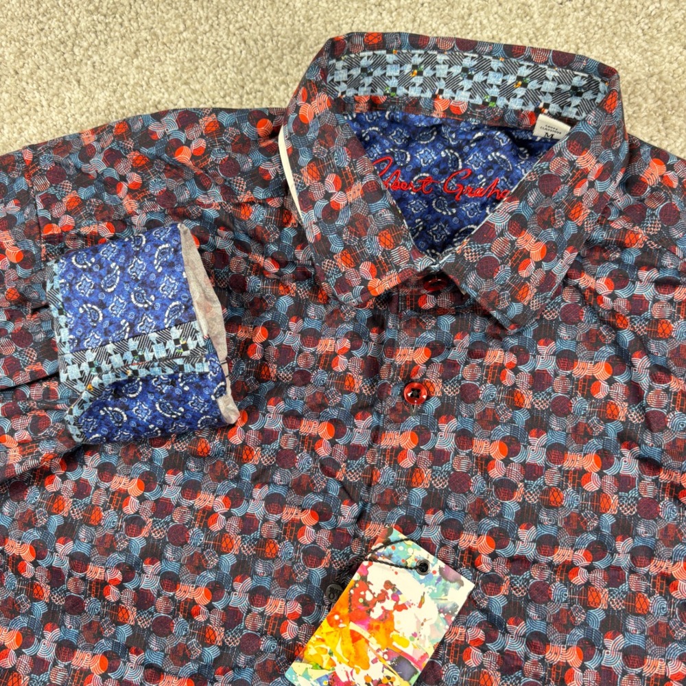 NEW Robert Graham Button Down Shirt Mens Medium Blue Red Geometric Classic Fit